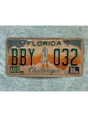 1998 Florida License Plate Challenger Space Shuttle BBY 032 Rocket FL August